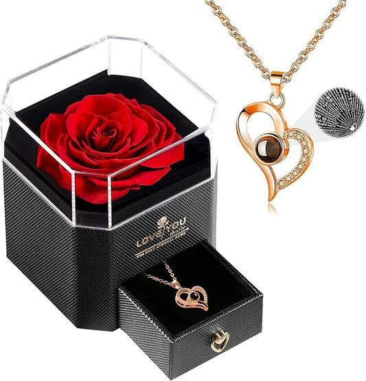 EternaRosa™ 💖 El Regalo de Amor Eterno: Rosa Preservada y Collar en 100 Idiomas 💖